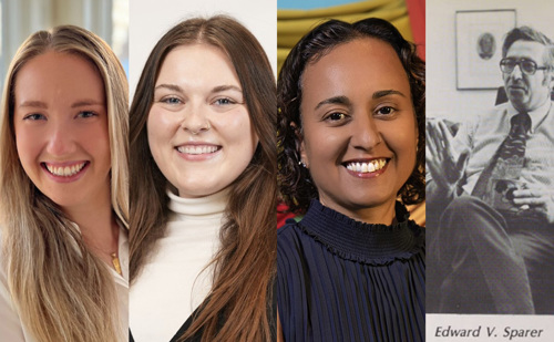 A combined image with headshots of three young women on the left and a historic black-and-white fellow of a man on the right captioned "Edward V. Sparer."