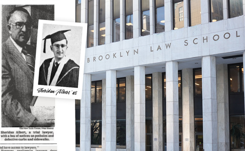 A graphic with old black-and-white photos of Brooklyn Law School alumnus Sheridan Albert on the left and the main campus building on the right.