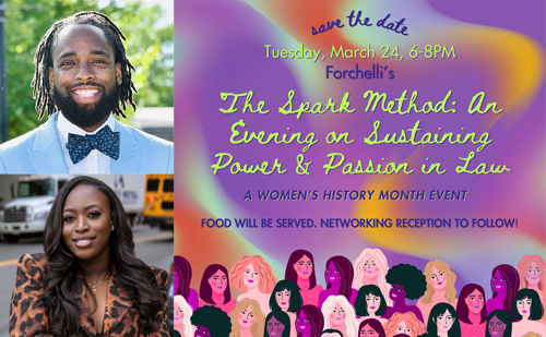 A split image with headshots of Dom Fowler (upper left) and Khila James (lower left) with a Brooklyn Law School event flyer on the right.