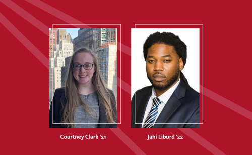 A graphic displaying headshots of Courtney Clark on the left and Jahi Liburd on the right, with their names and graduation years displayed under their pictures.