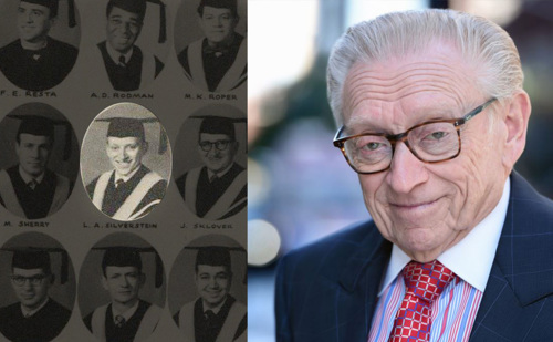 A split graphic showing Larry Silverstein's college yearbook photo on the left and a current photo on the right.